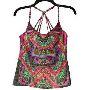 Laundry Shelli Segal Tankini Top‎ Womens M Pink Green Geometric Strappy Swimsuit